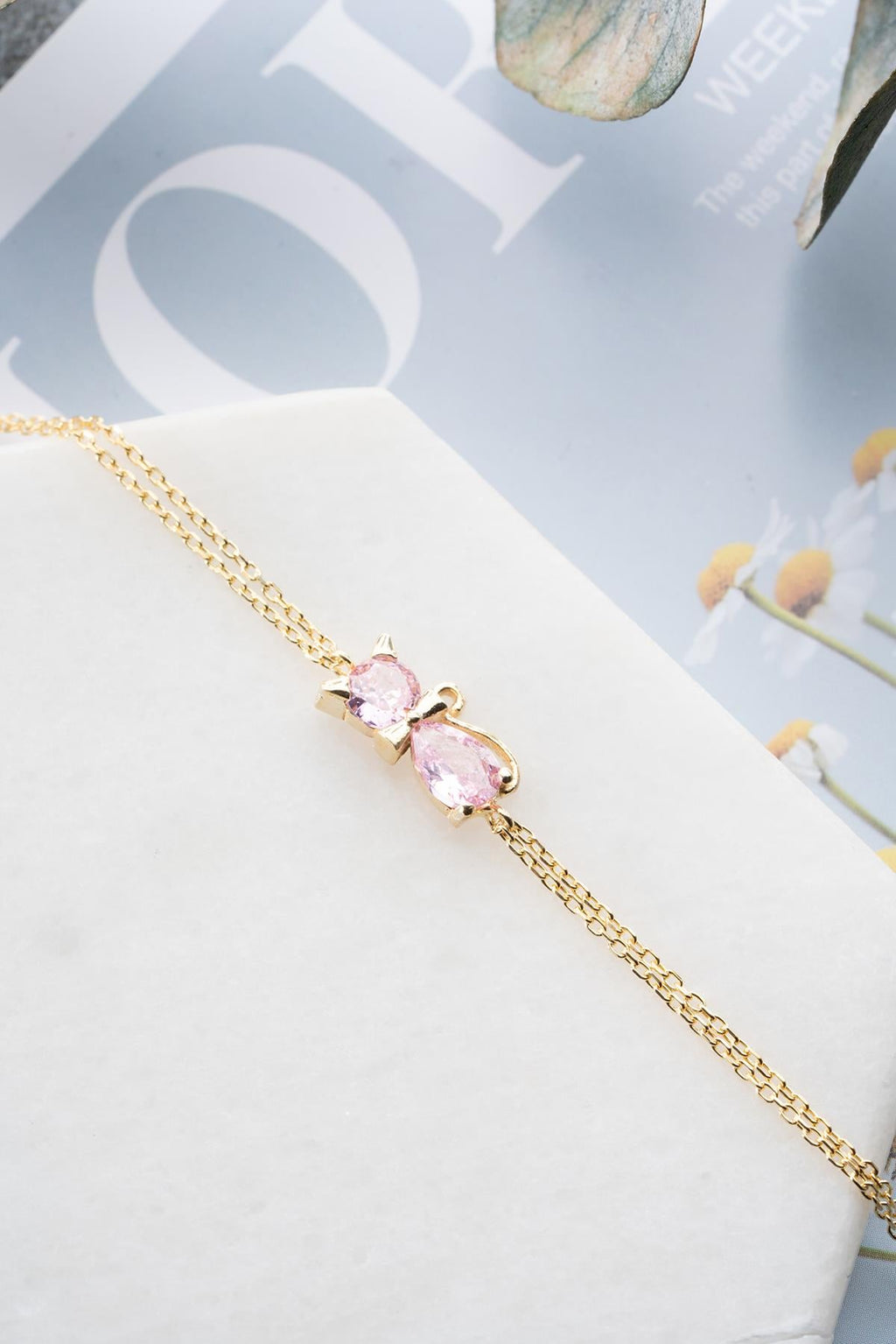 Pink Zircon Stone Cat Bracelet