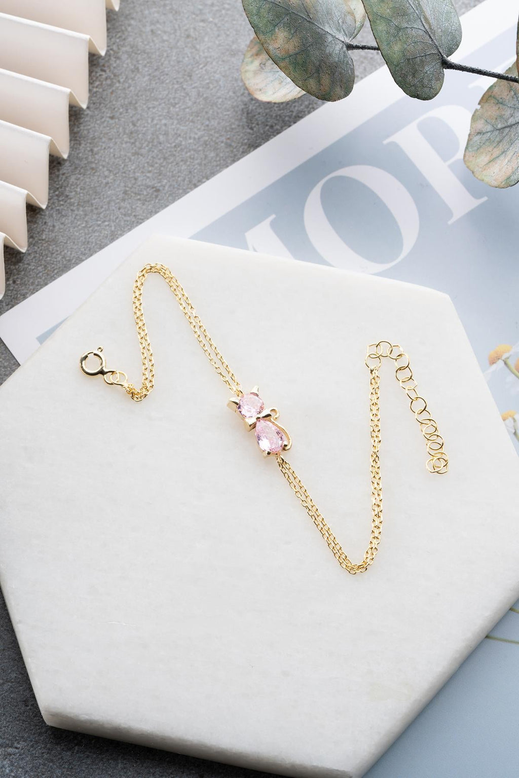 Pink Zircon Stone Cat Bracelet