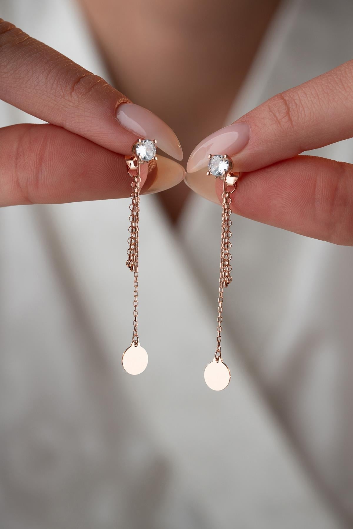 Solitaire Dangle Chain Simple Round Earring