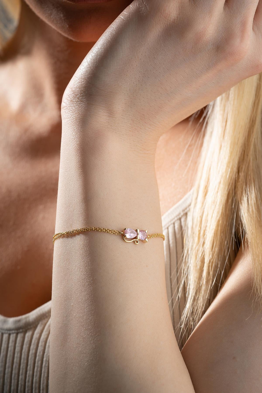 Pink Zircon Stone Cat Bracelet