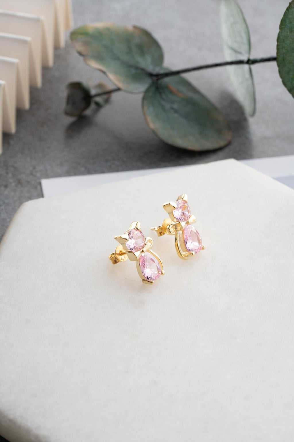 Pink Zircon Stone Cat Earring