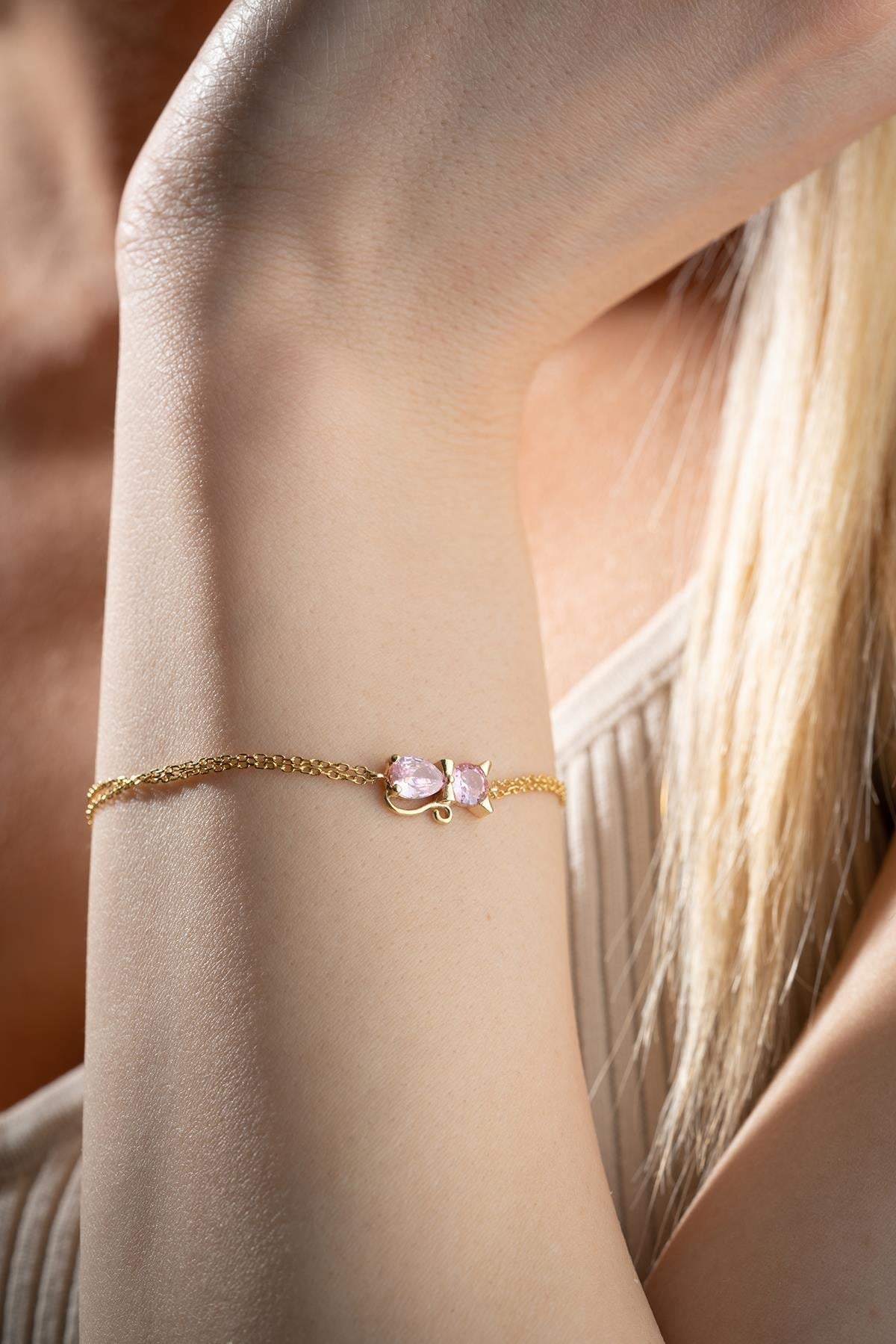 Pink Zircon Stone Cat Bracelet