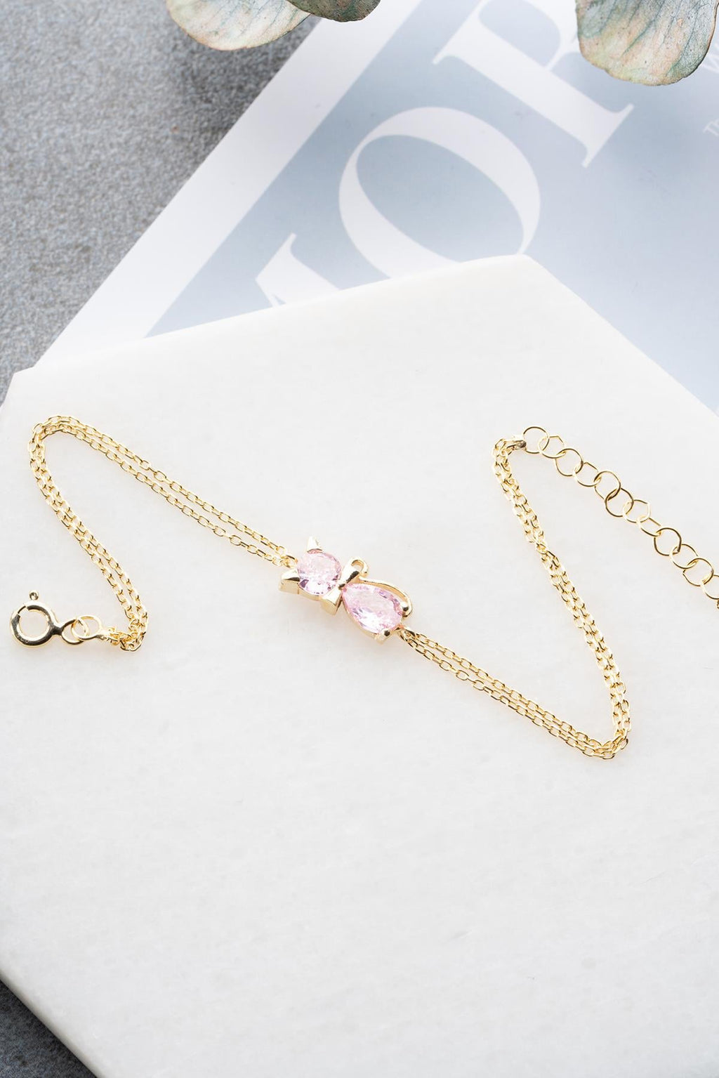 Pink Zircon Stone Cat Bracelet