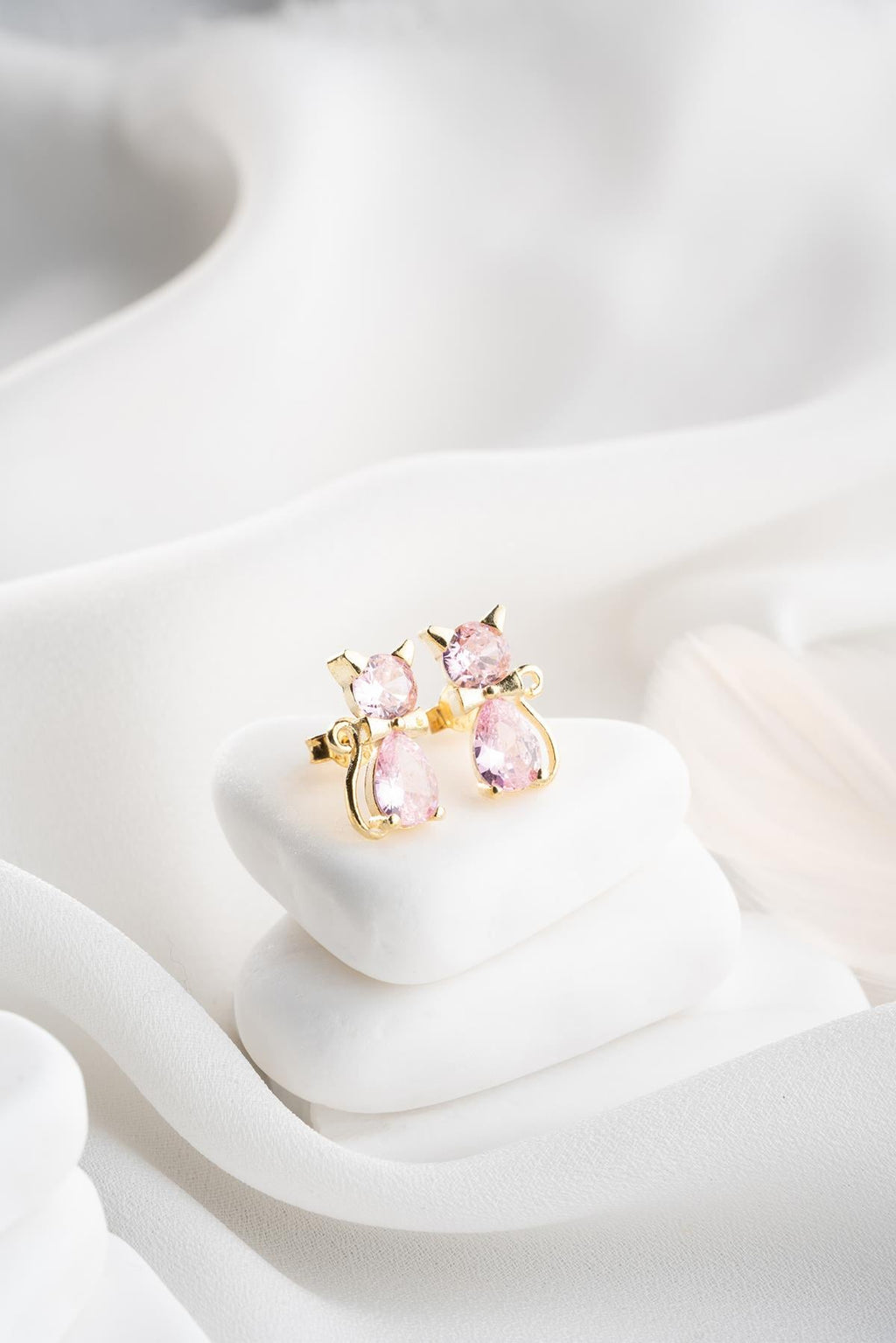 Pink Zircon Stone Cat Earring