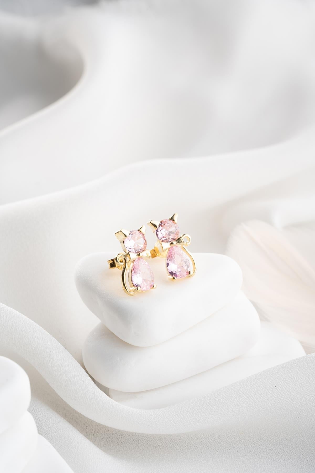 Pink Zircon Stone Cat Earring