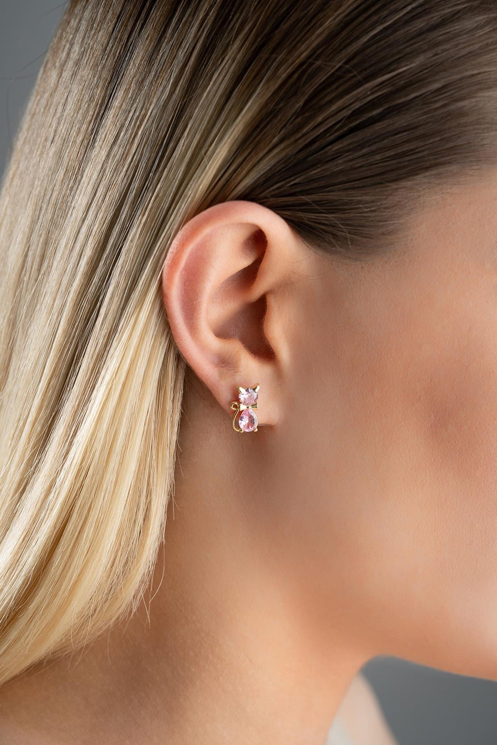 Pink Zircon Stone Cat Earring
