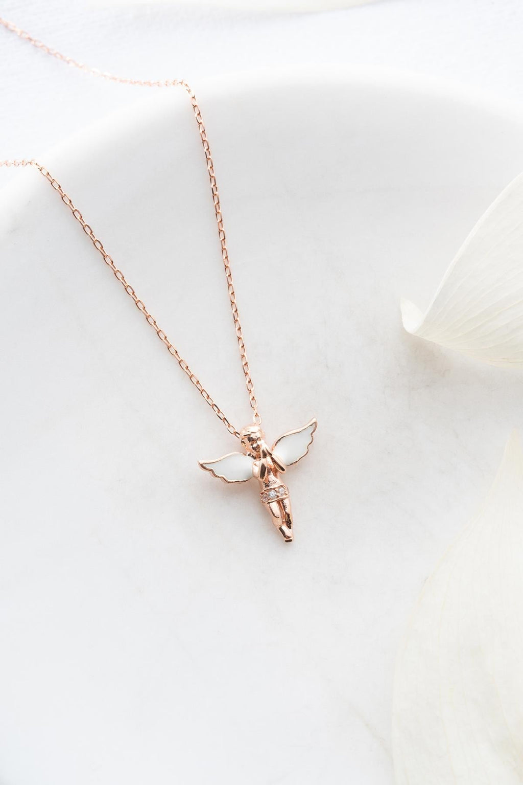 White Enamel Winged Fairy Necklace