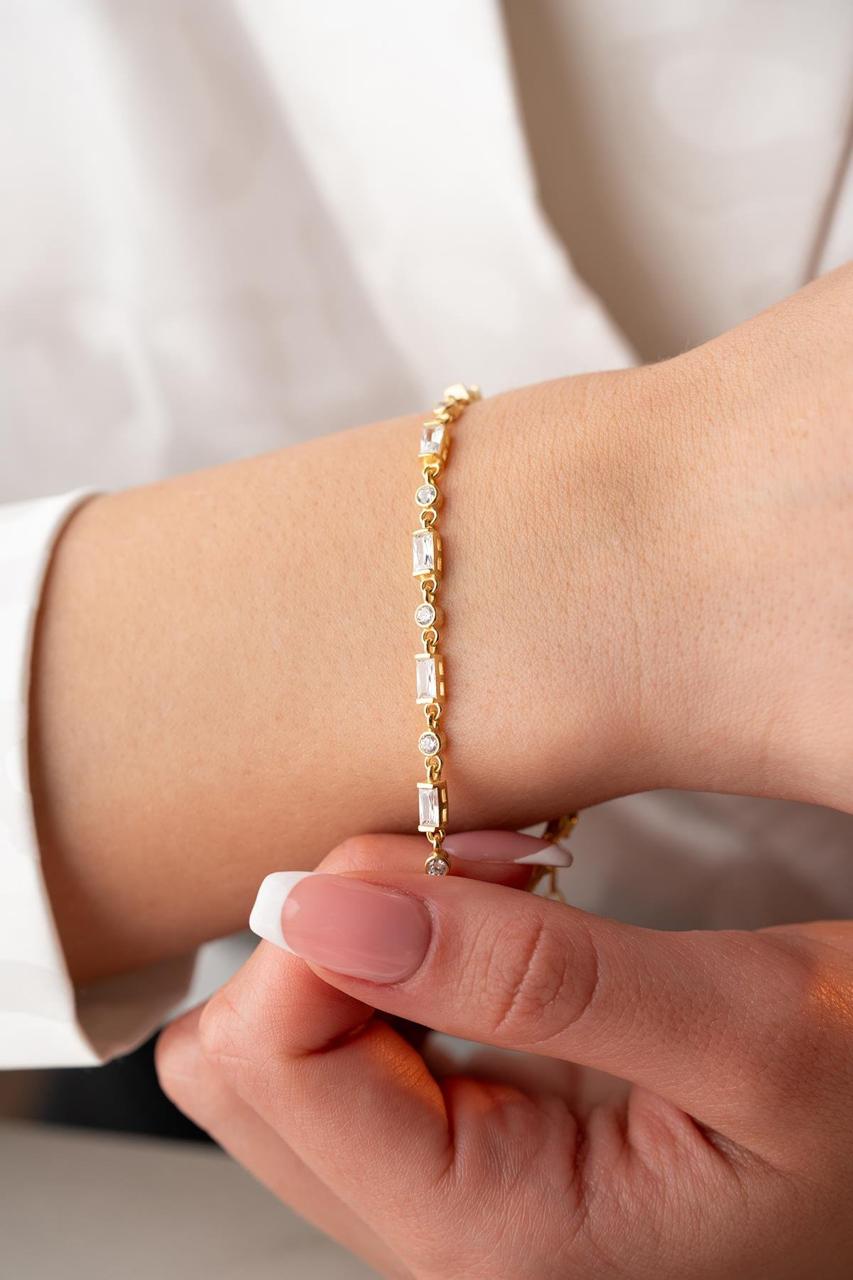 Silver Gold Row White Stone Baguette Model Bracelet