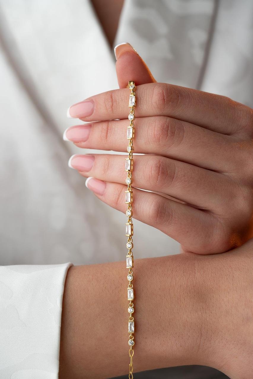 Silver Gold Row White Stone Baguette Model Bracelet