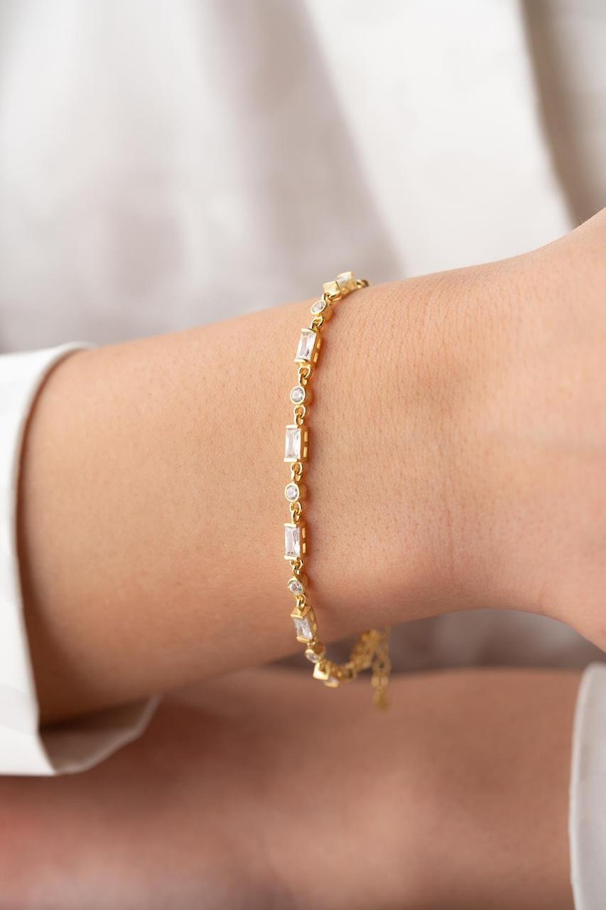 Silver Gold Row White Stone Baguette Model Bracelet
